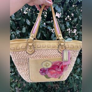 Coach Straw Tote with Yellow Trim and Pink Floral Appliqué